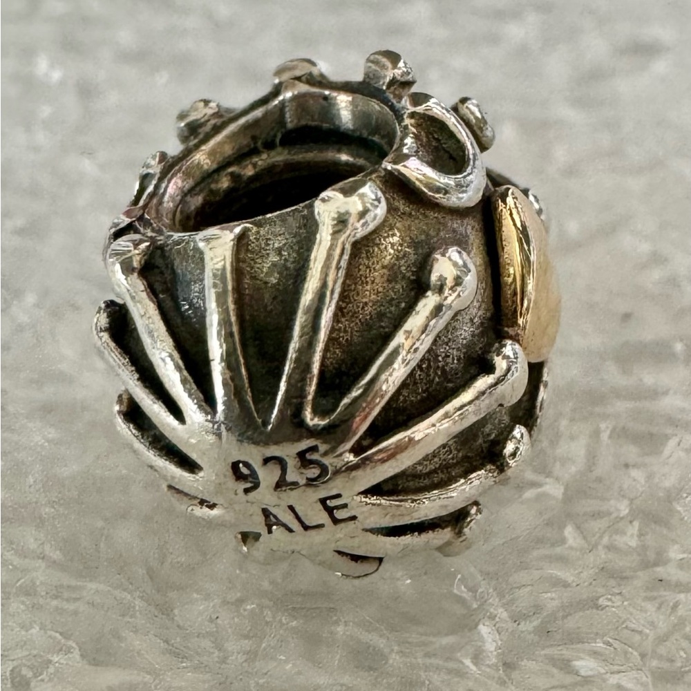 Pandora 925 Sterling & 14K Gold Two Tone Hatched Heart Cage Retired Bead Charm - Picture 2 of 4